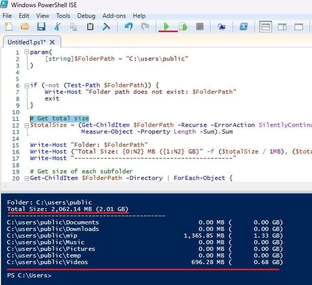 Files folder and subfolder size via powershell