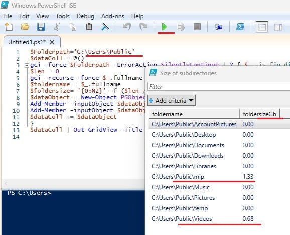 Files folder and subfolder size via powershell GUI