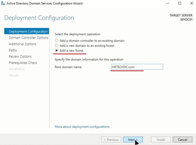Install Active Directory Domain Service (AD DS) and Promote to Domain Controller (DC) - add forest