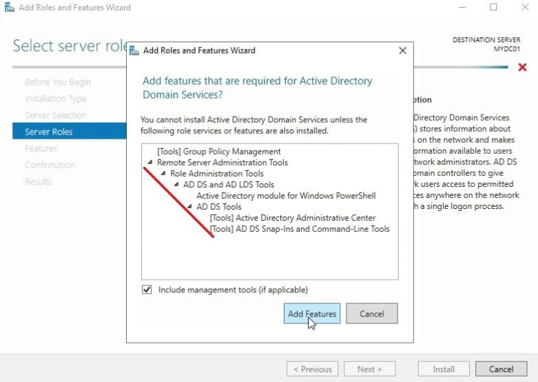 Install Active Directory Domain Service (AD DS) and Promote to Domain Controller (DC) - add required features