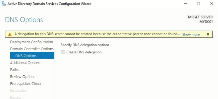 Install Active Directory Domain Service (AD DS) and Promote to Domain Controller (DC) - DNS options