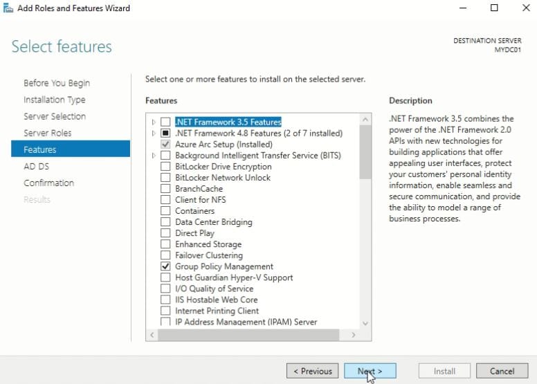 Install Active Directory Domain Service (AD DS) and Promote to Domain Controller (DC) - Features
