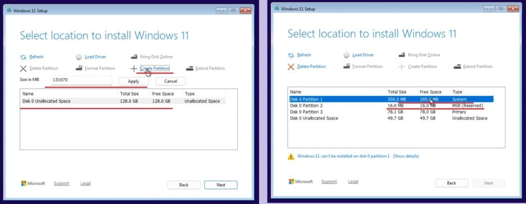 Create VM with TPM and install Windows 11 - Partition
