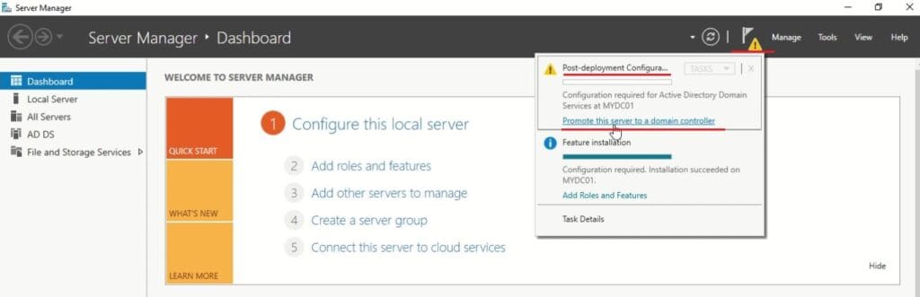 Install Active Directory Domain Service (AD DS) and Promote to Domain Controller (DC) - post config