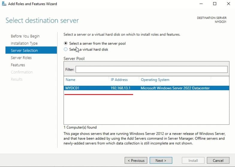 Install Active Directory Domain Service (AD DS) and Promote to Domain Controller (DC) - select server