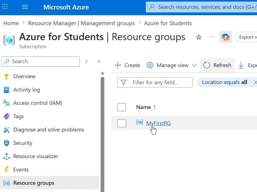 Azure Management - RG created