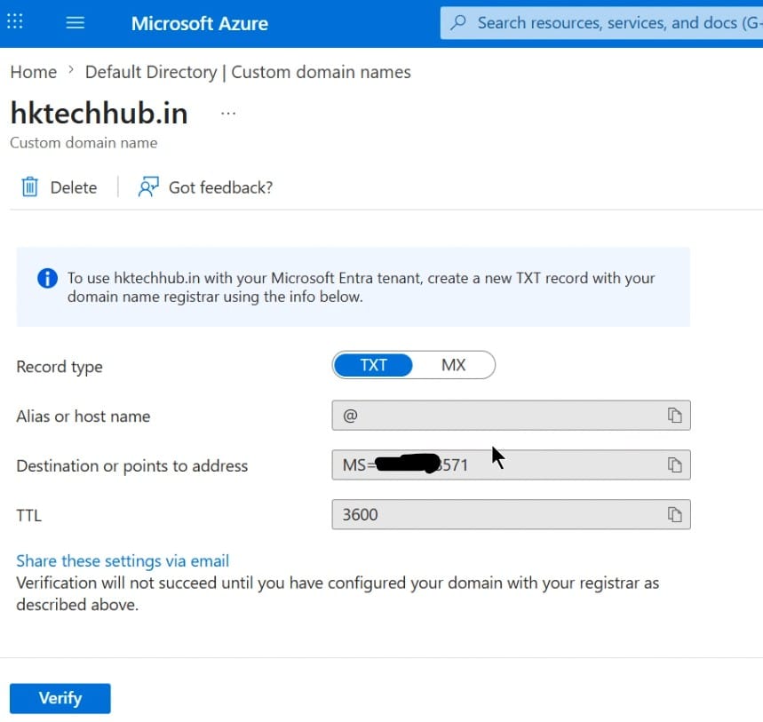 Microsoft Entra ID - TXT-record