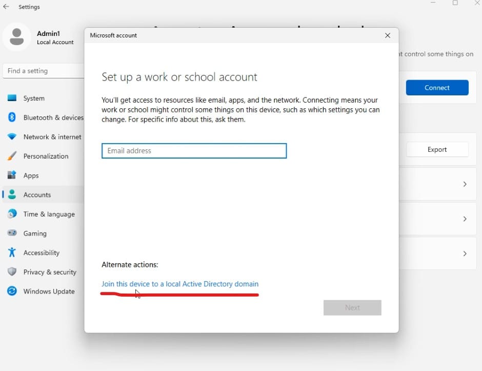 Join a domain work account for join domain